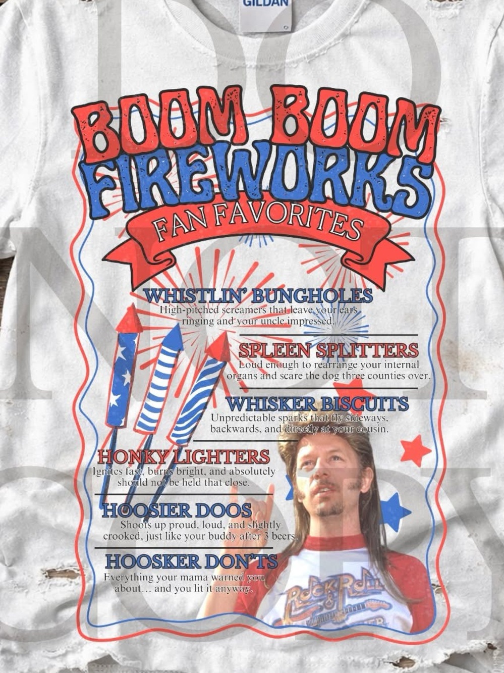Gildan White Graphic Tee with Red & Blue Fireworks Print XS-4X